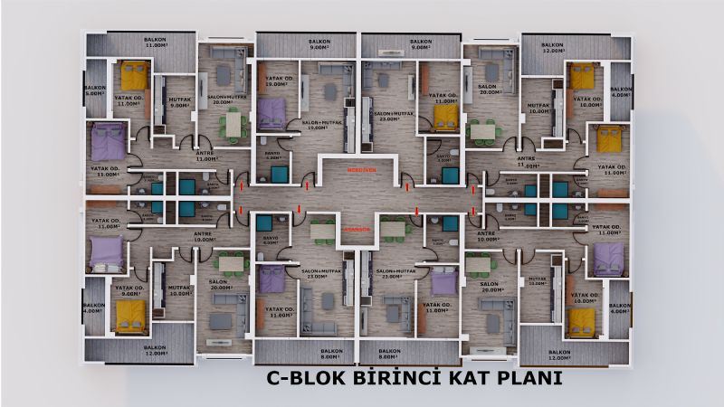 C Blok 1.Kat Planı