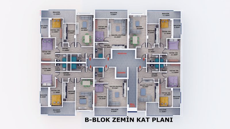 B Blok Zemin Kat Planı