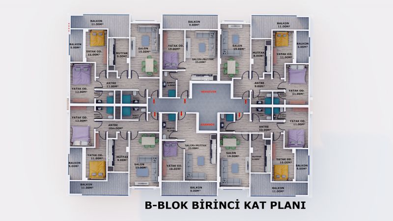 B Blok 1.Kat Planı